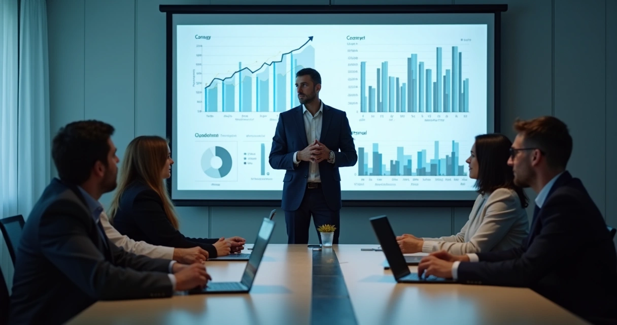 Consultor de vendas apresentando dados para equipe B2B 