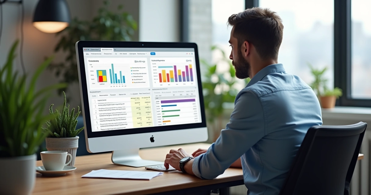 Consultor verificando informações de clientes no computador