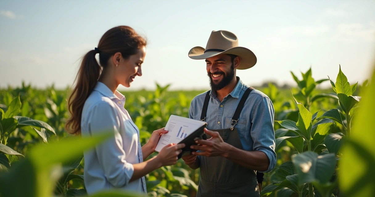Contador rural orientando produtor com tablet em campo, mostrando dados fiscais 