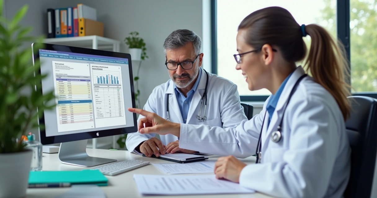 Consultor AJMED orientando médico em frente ao computador com papéis fiscais