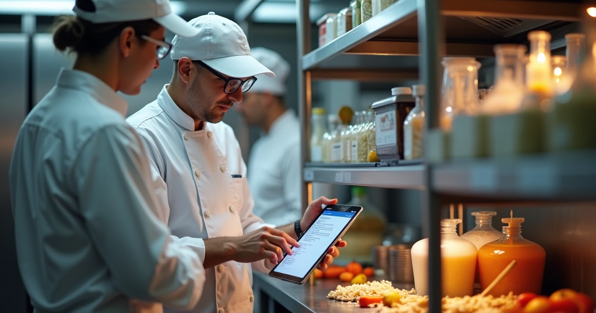 Profissional de consultoria usando aplicativo em tablet em ambiente de cozinha industrial 