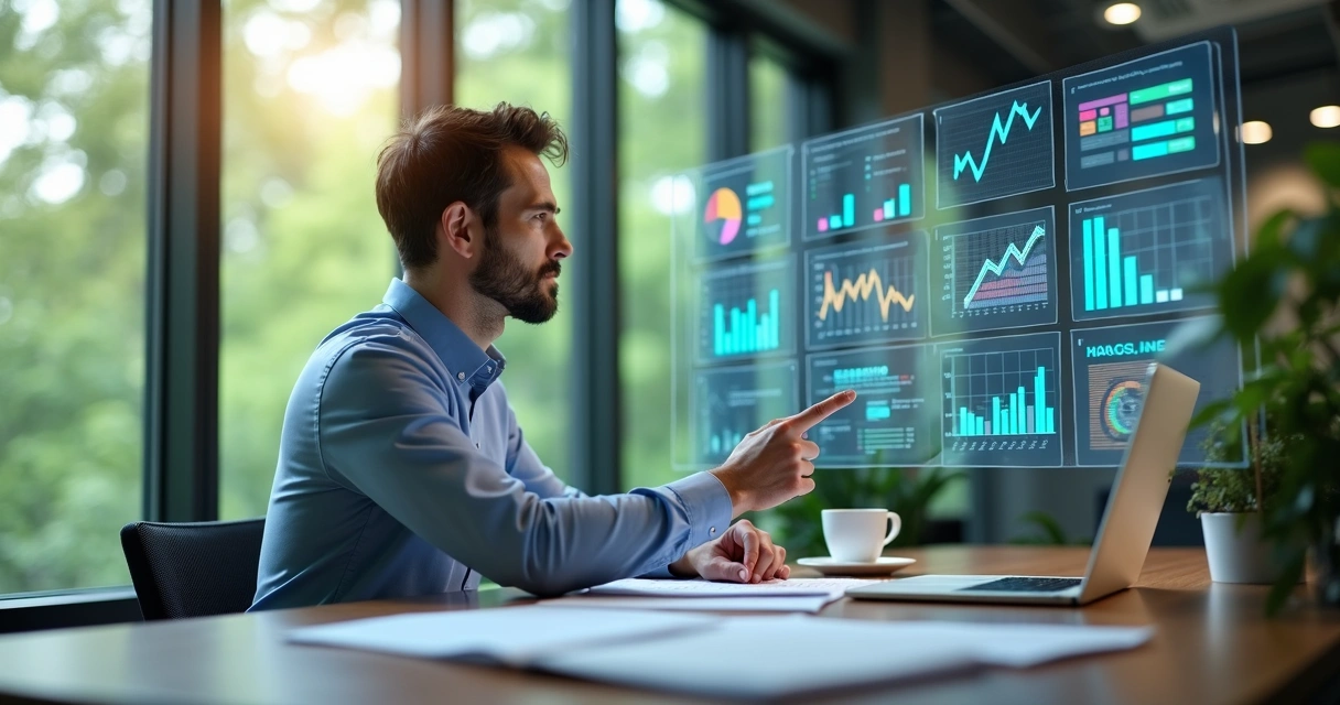 Consultor ambiental analisando dados estratégicos em tela digital com gráficos e documentos ao entorno 