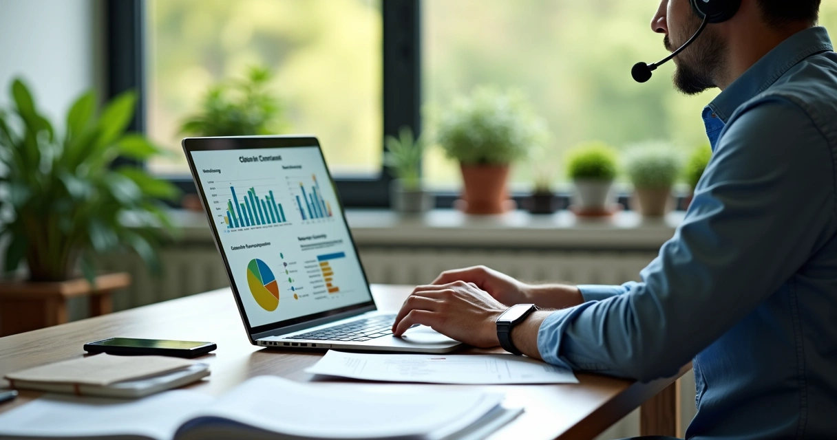 Consultor ambiental em escritório moderno utilizando laptop para captar clientes com gráficos e anotações ao redor 