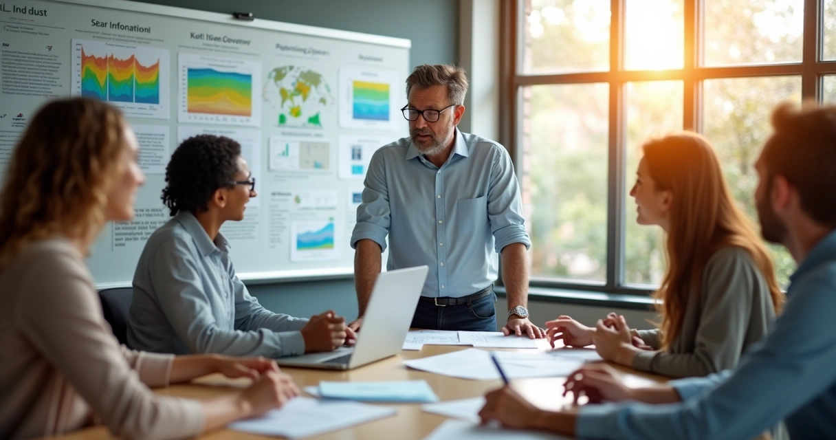 Consultor ambiental conversando com equipe em sala com quadro branco e gráficos 