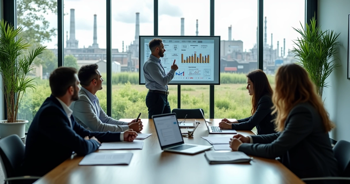 Consultor ambiental em reunião com diretoria analisando painel de impacto ambiental 