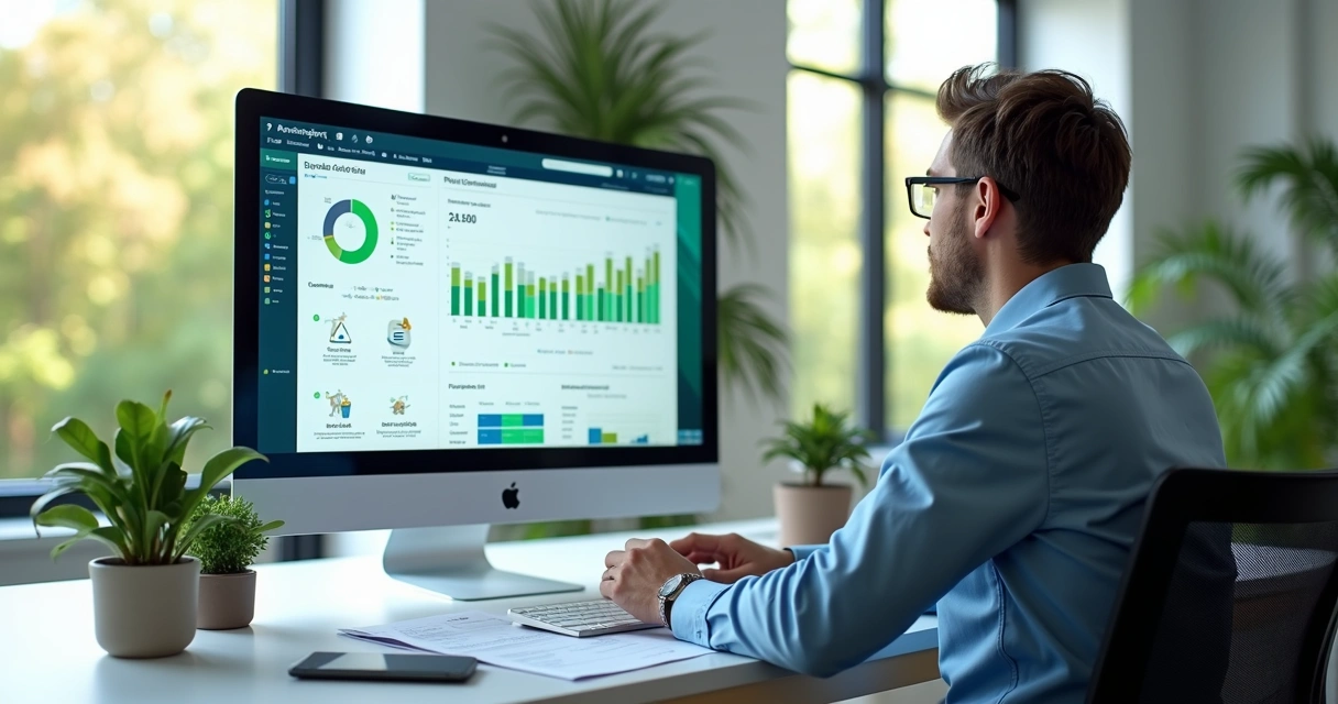 Consultor ambiental analisando dados de resíduos sólidos em computador com interface de IA no escritório moderno 