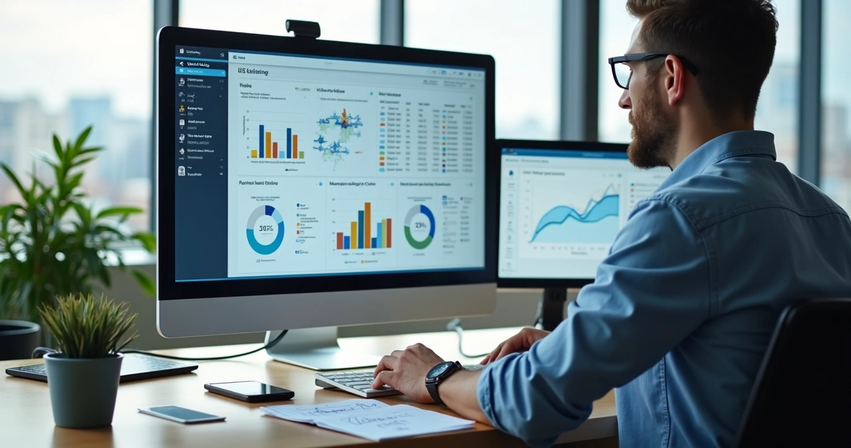 Consultor analisando dados de vendas em vários dispositivos 