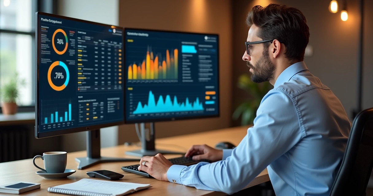 Consultor analisando métricas de vendas no computador