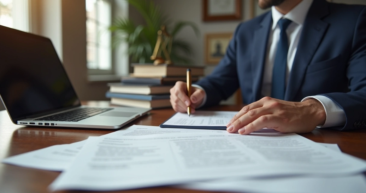 Consultor jurídico analisando documentos de tribunal em mesa com laptop 