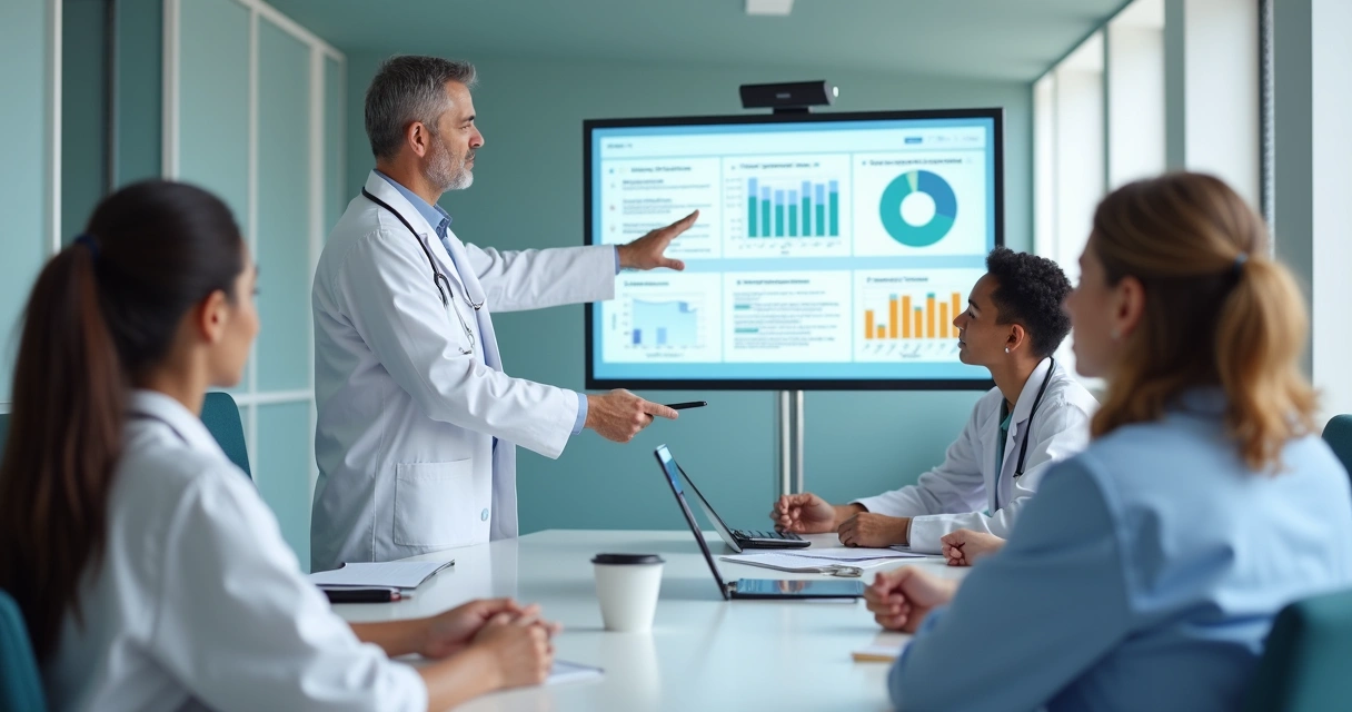 Consultor explicando análise de risco para equipe de clínica de saúde 