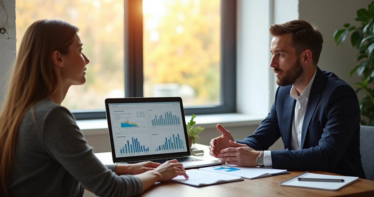 Consultor apresentando análise de dados ao cliente 