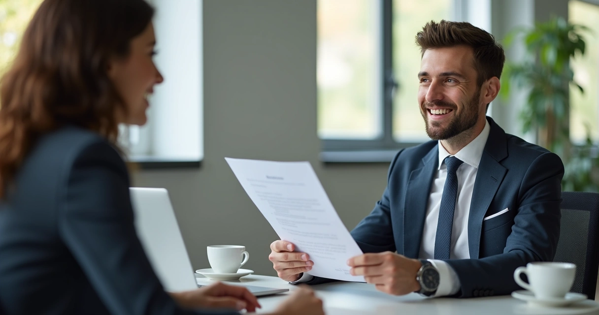 Consultor apresentando proposta a uma pessoa interessada em ambiente de escritório. 