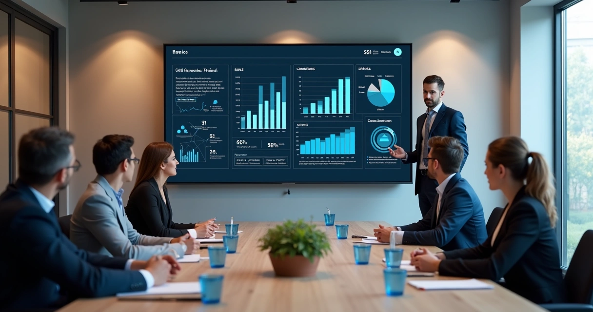 Consultor apresentando gráficos financeiros em telão durante reunião 