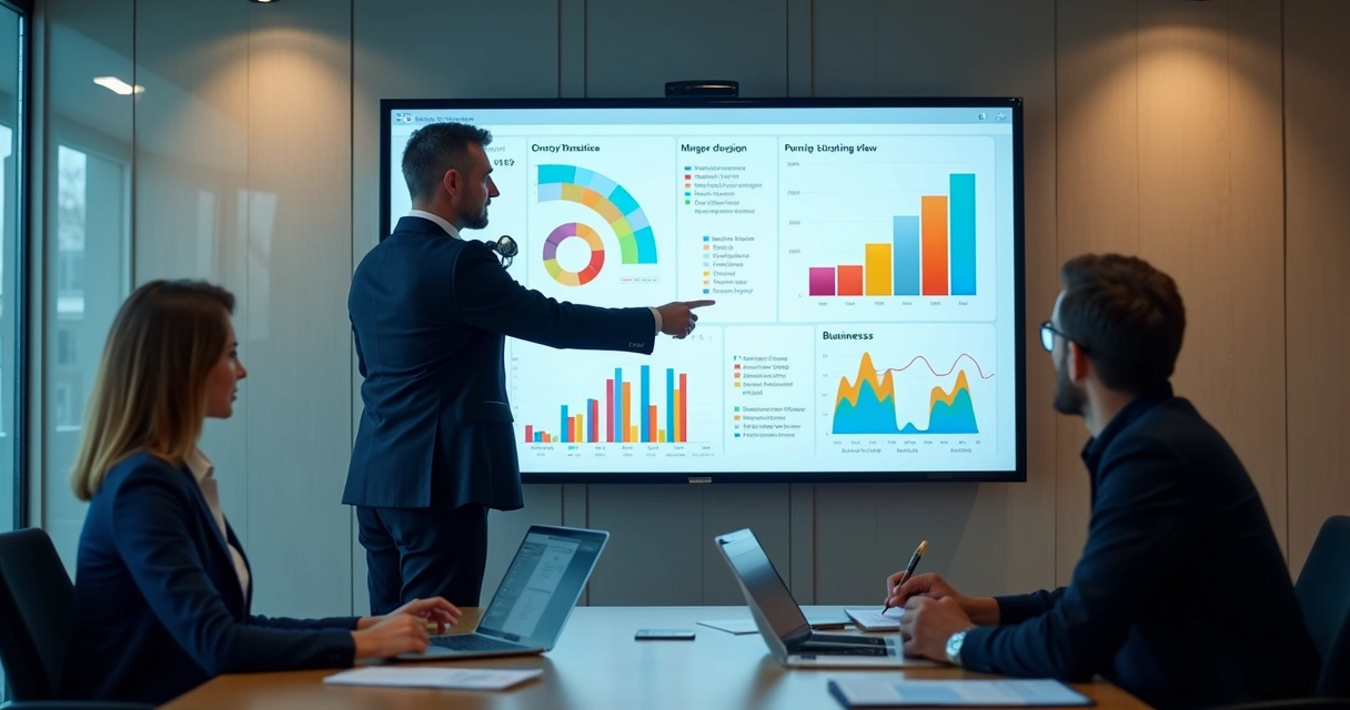 Consultor financeiro apresentando KPIs em dashboard digital 