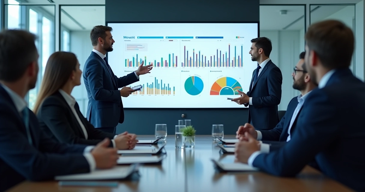 Consultor explicando plataforma financeira para equipe de uma empresa 