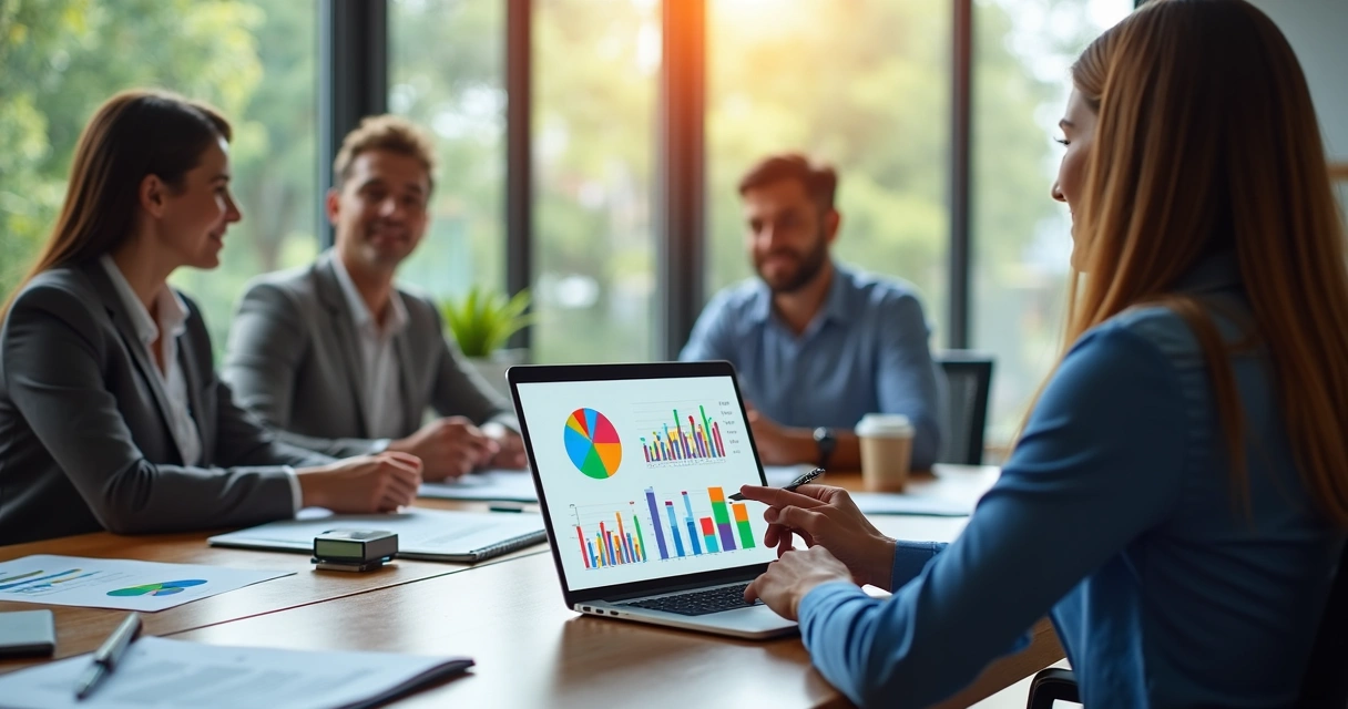 Consultor em reunião no escritório de cliente com gráficos de vendas no notebook 