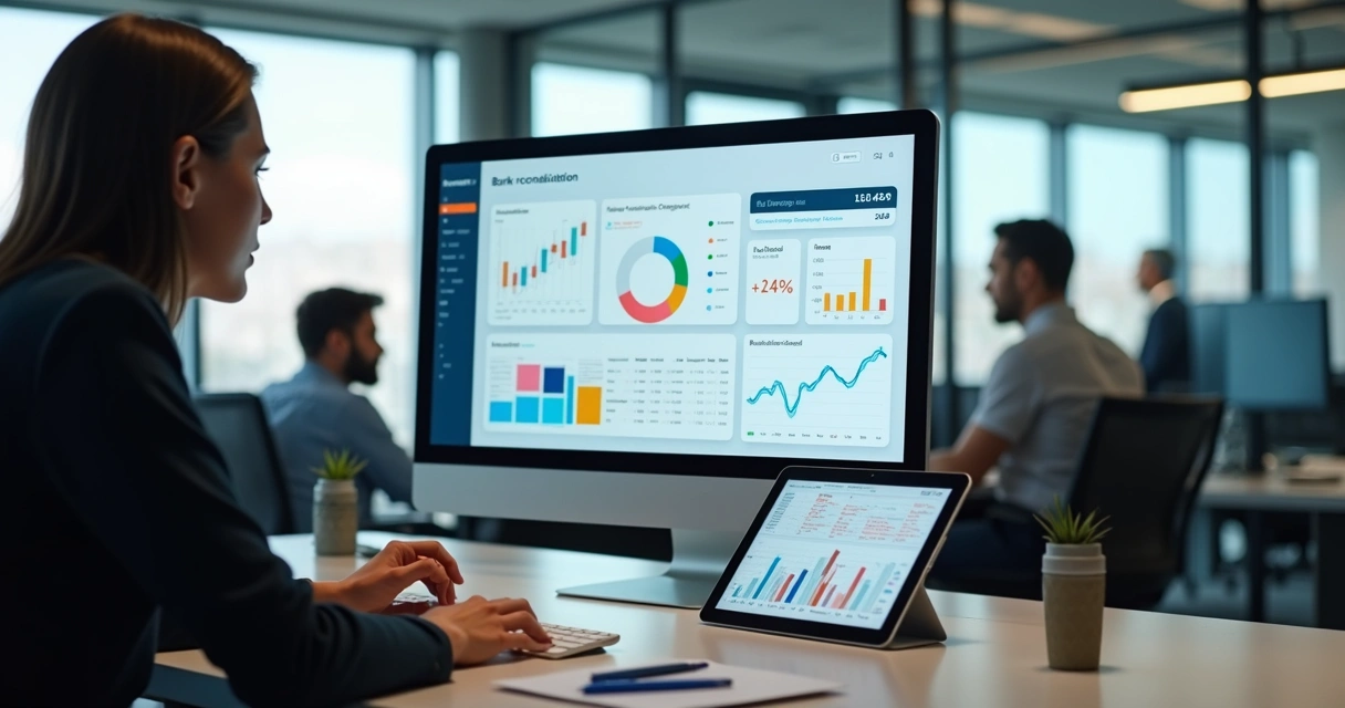 Consultor financeiro utilizando plataforma com gráficos e painéis financeiros em uma tela digital 