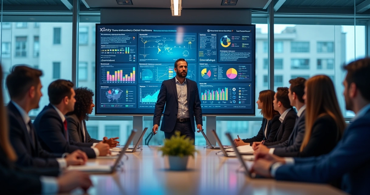 Consultor de vendas B2B apresenta dados detalhados em tela digital 