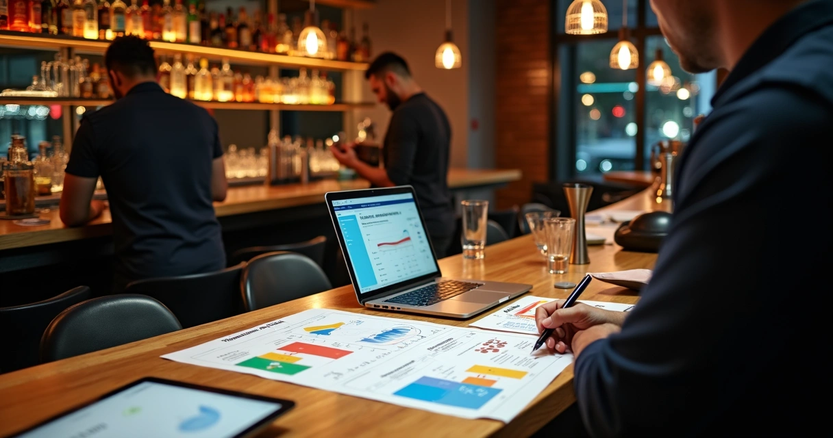 Consultor analisando mapa de estratégia em bar moderno com drinks ao fundo 