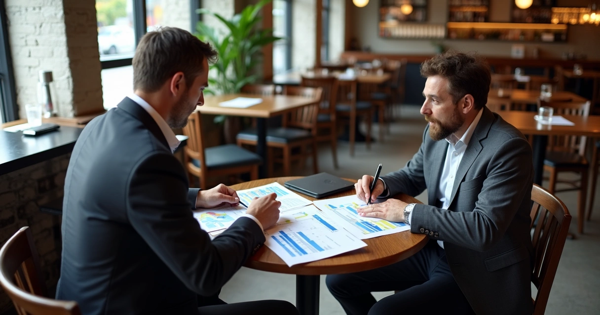 Consultor discutindo plano de ação com dono de bar em mesa, analisando gráficos de desempenho 