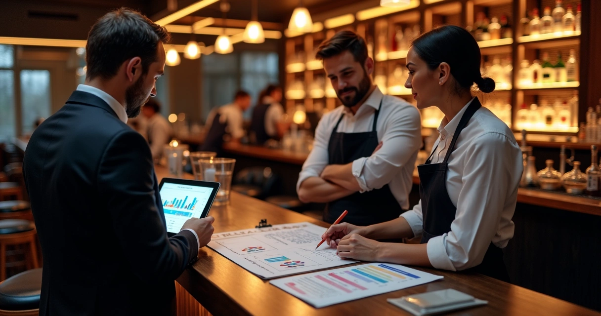Consultor analisa relatório ao lado de bartender em bar moderno 