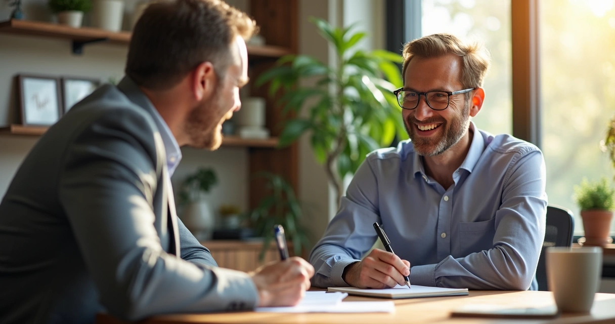 Consultor BPO anotando feedback do cliente em caderno, ambiente aconchegante de escritório 
