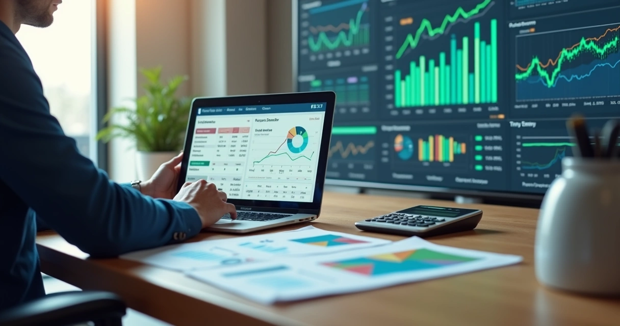 Profissional de BPO financeiro calculando preço de serviços com gráficos e dashboards na tela 