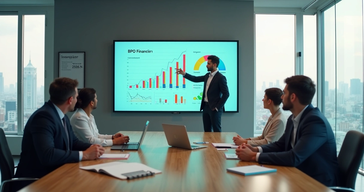 Consultor de BPO financeiro apresentando resultados em reunião com clientes empresariais 