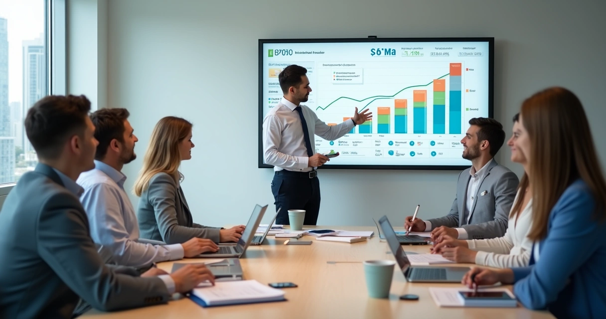 Profissional de BPO financeiro apresentando proposta em reunião com pequenos empresários 