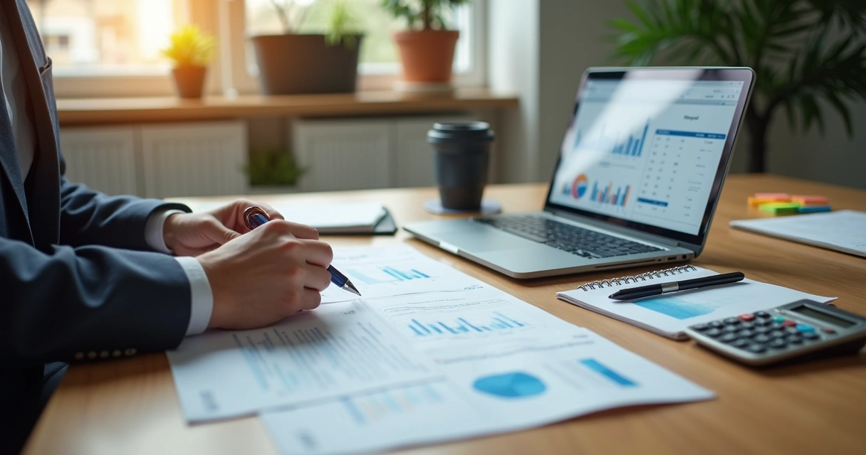 Consultor analisando custos e planilha em mesa de trabalho 