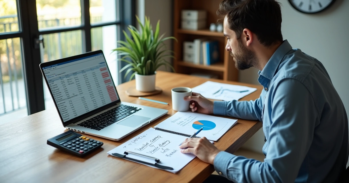 Consultor autônomo calculando valor da hora de trabalho em mesa com materiais de finanças 