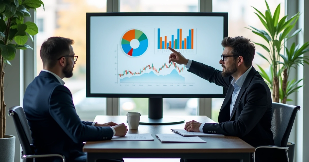 Consultor analisando carteira de investimentos com cliente e gráficos no monitor 