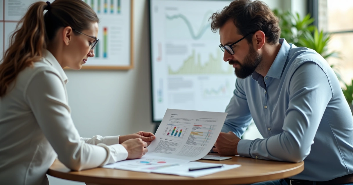 Consultor mostrando relatório financeiro detalhado para cliente em reunião 