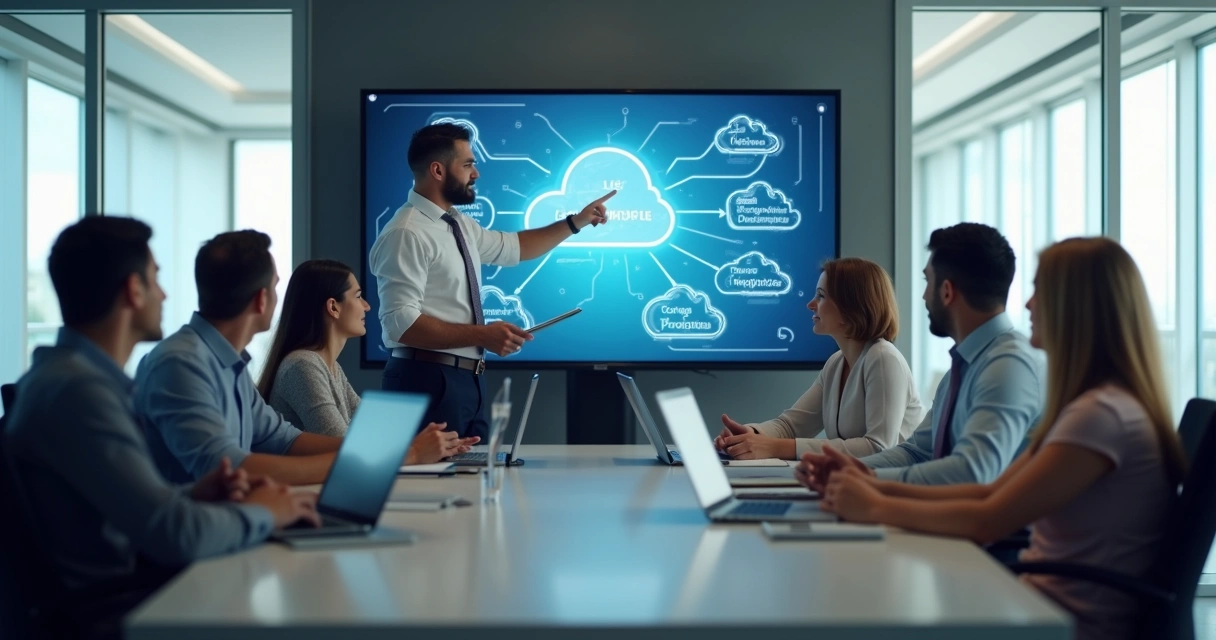 Consultor apresentando soluções cloud para líderes empresariais
