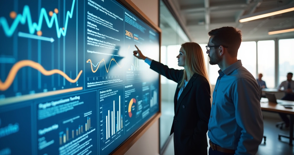 Dois consultores ao redor de tela digital mostrando gráficos fiscais