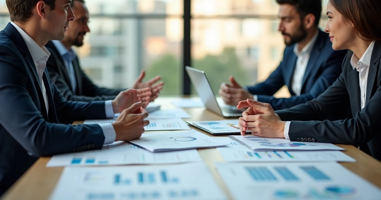 Contador e empresários em reunião, analisando relatórios financeiros na mesa 