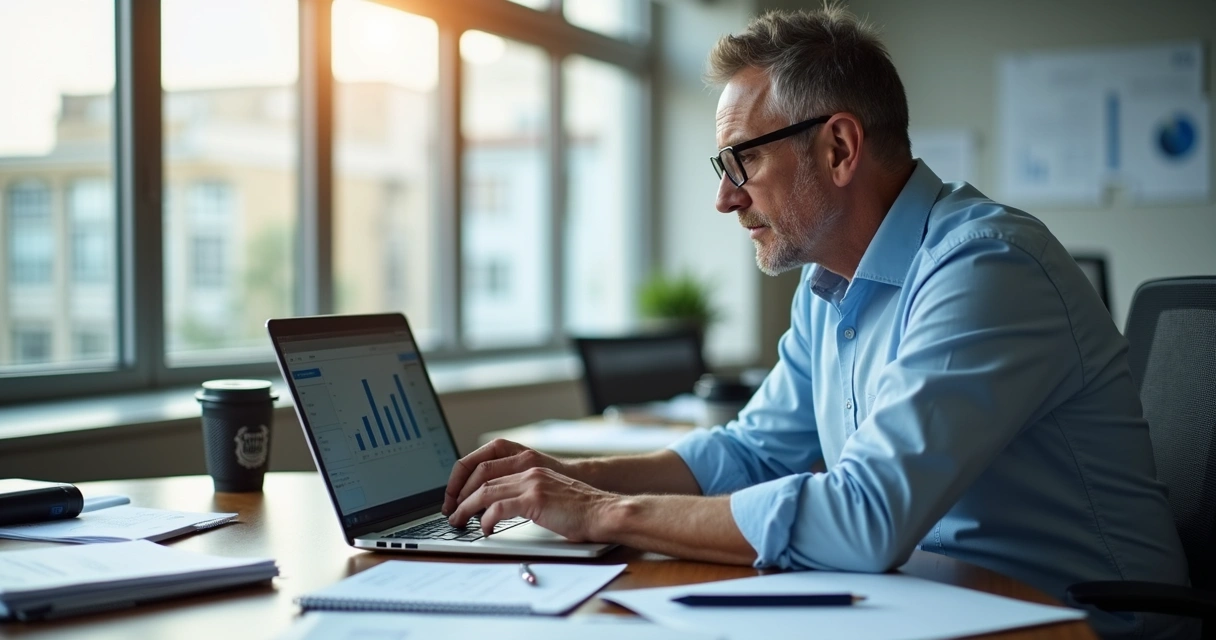 Consultor contábil analisando gráficos e relatórios na tela de um notebook. 
