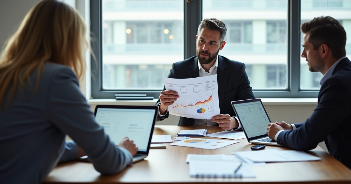 Consultor contábil apresentando relatório de CRM a dois clientes 