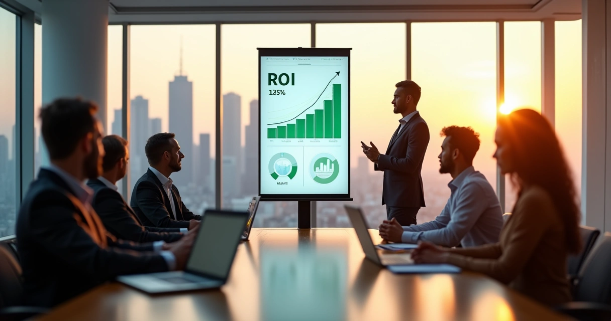 Consultor contábil apresentando painel de ROI para executivos em sala de reunião moderna 