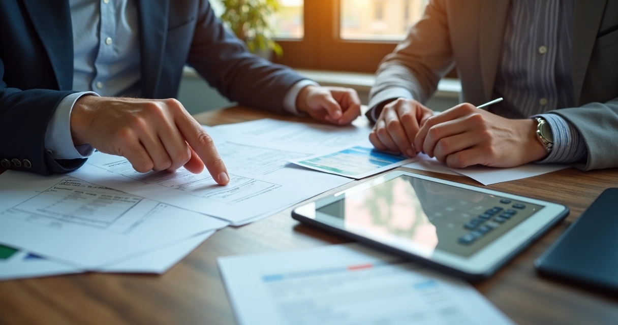 Consultor orientando cliente sobre notas fiscais em reunião 