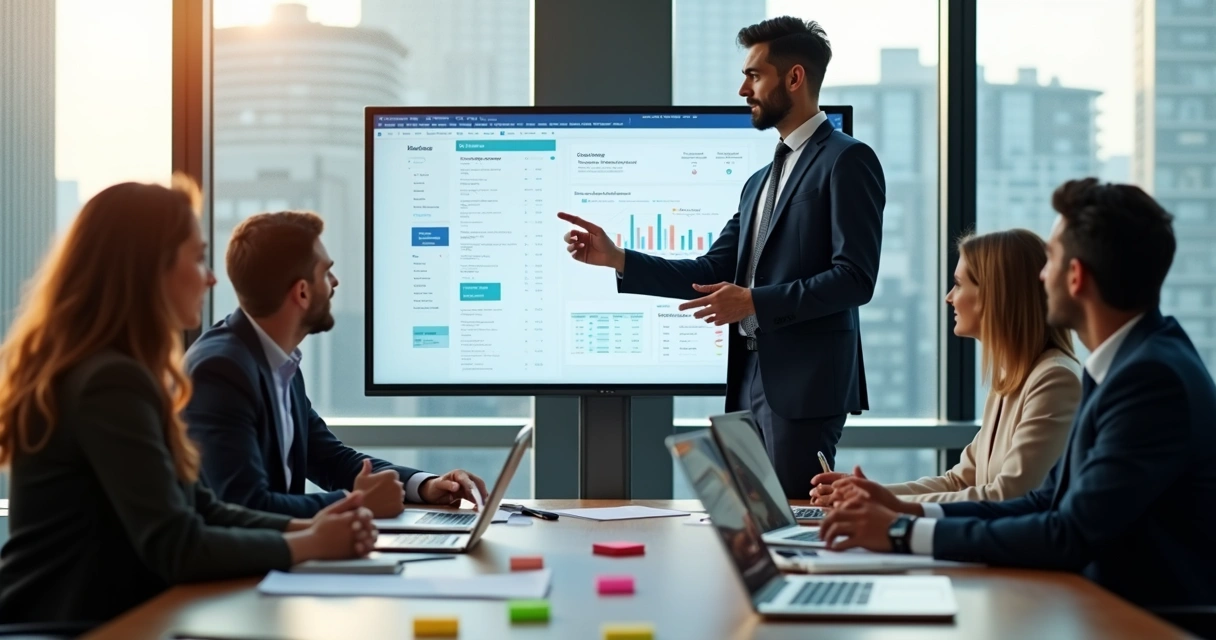 Consultor mostra painéis de CRM em reunião com equipe em sala de reunião moderna 