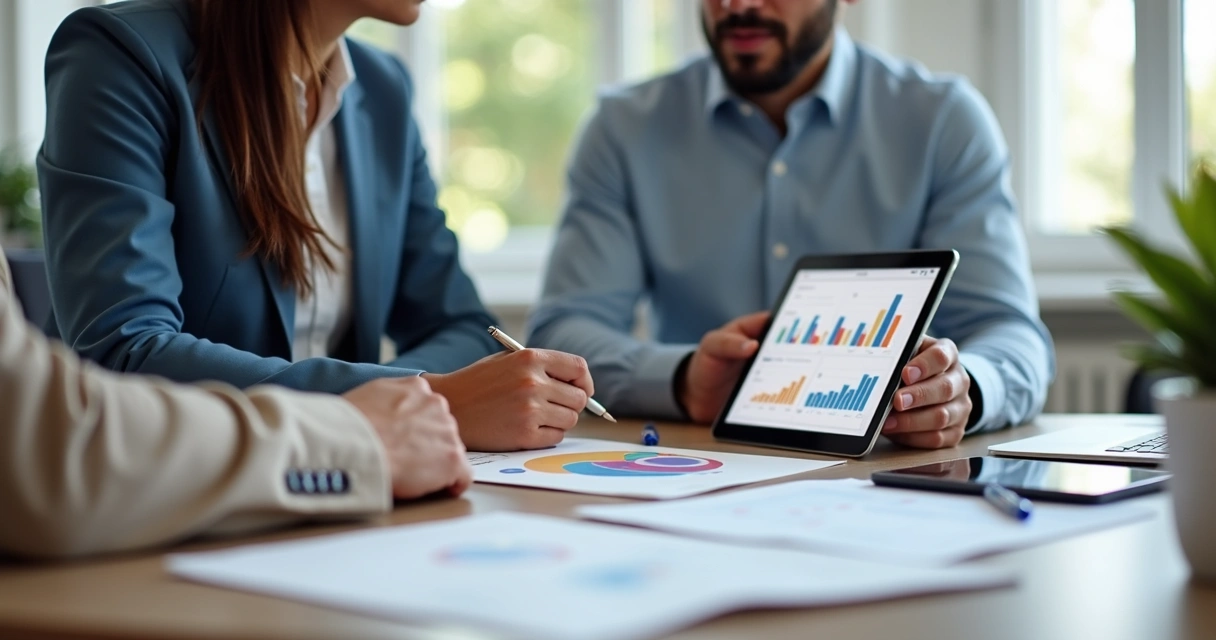 Consultor SOMA conversa com cliente mostrando gráficos de planejamento