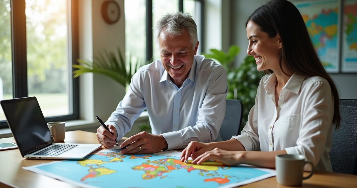 Agente de viagens e cliente planejando viagem em mesa de escritório 