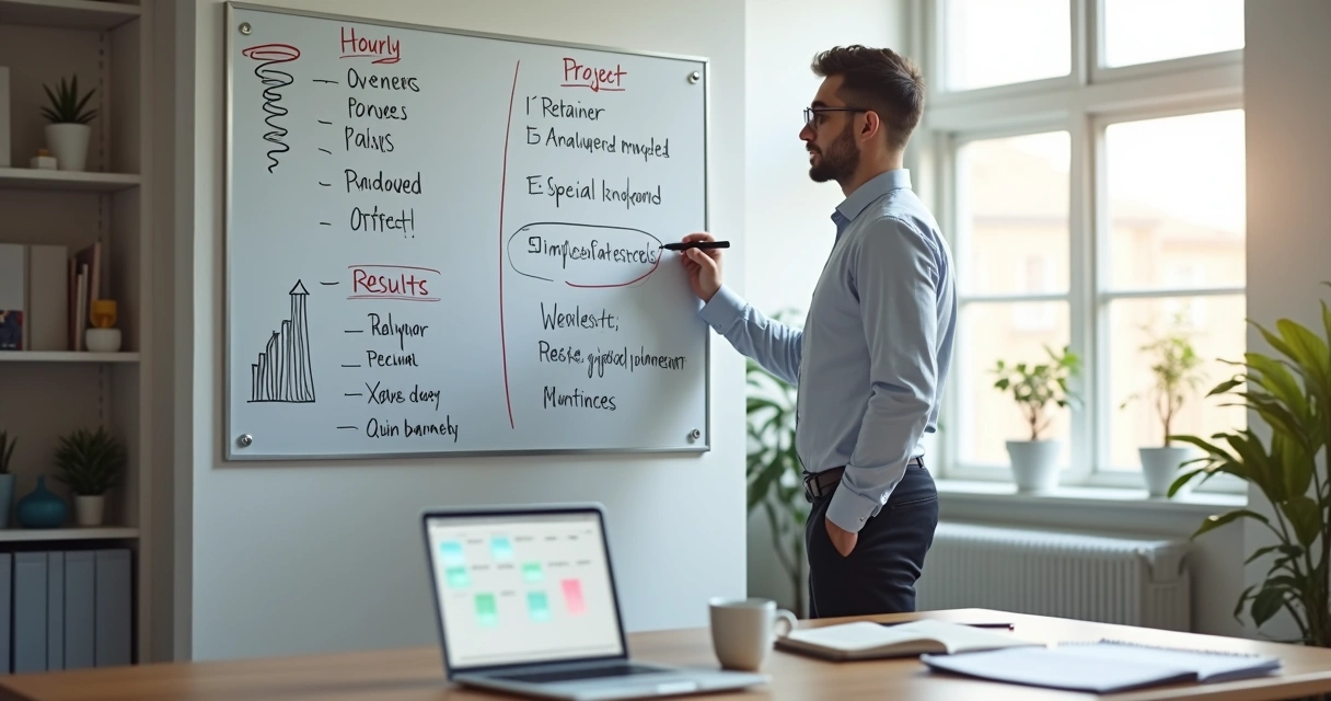 Consultor montando estrategia de precificacao em quadro branco 