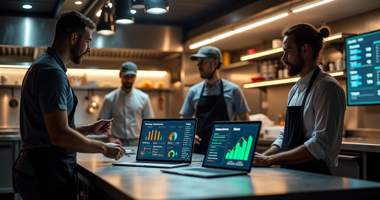 Consultor de delivery orientando equipe em cozinha com telas mostrando dados de vendas 