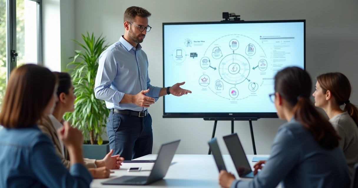 Consultor digital ensinando equipe de negócios a usar automação 