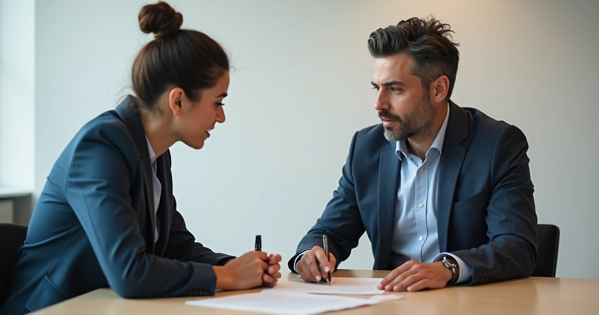 Consultor e cliente analisando contrato juntos 