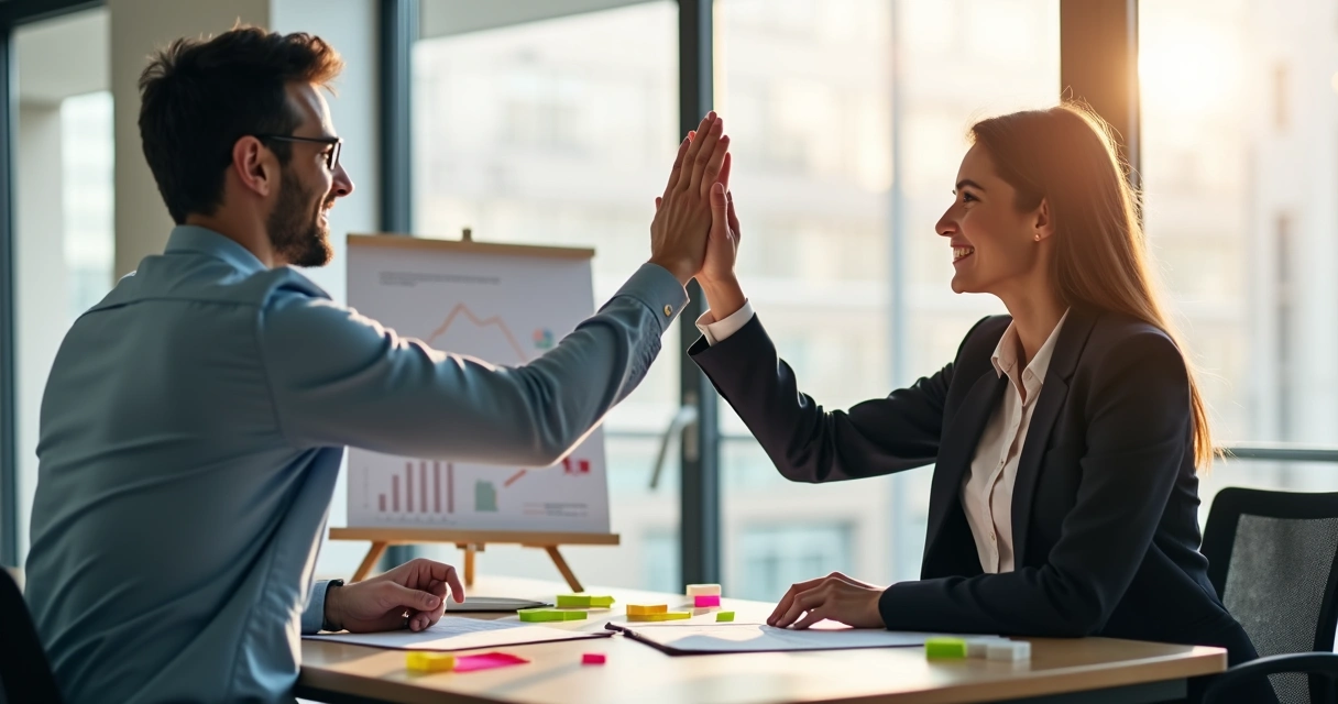 Consultor financeiro e cliente comemorando um objetivo alcançado em uma sala de reuniões 