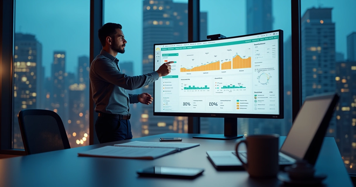 Consultor de treinamentos analisando painel digital com várias turmas e empresas 