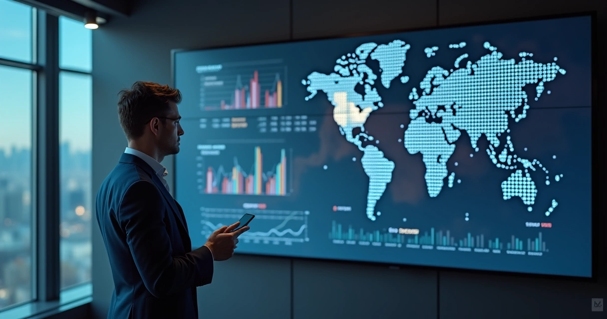 Consultor empresarial analisando dados em tela grande 